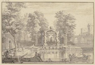 Wasserkunst in einem Park, in der Mitte ein künstliches Felsentor mit einem Neptun, rechts auf dem Teich eine Gondel