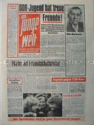 Propagandazeitung der FDJ für die Jugend in der Bundesrepublik u.a. zur Freundschaftsreise einer FDJ-Delegation durch die UdSSR und zum Tod von Otto Buchwitz