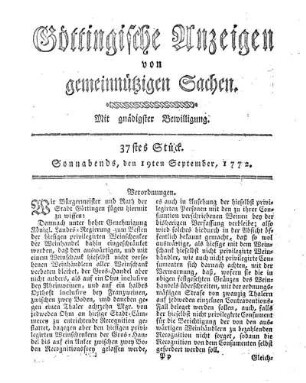 37stes Stück. Sonnabends, den 19ten September, 1772.