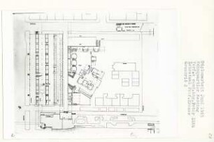 Wohnquartier, Berlin-Wedding (Diplomarbeit bei Willy Kreuer): Lager, Parken, Eingangsgeschoss Schule, Grundriss 1:200
