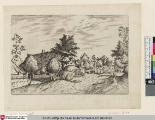 [Village Street, hay stacked in front of a farm; Dorfstraße mit Heuhaufen]