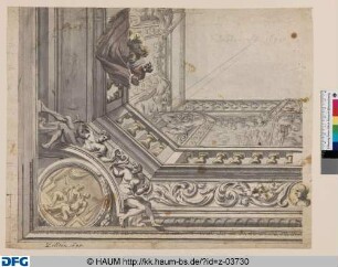 Entwurf zu einem rechteckigen Deckengemälde für das kurfürstliche Schloss zu Dresden: Teilentwurf einer Scheinarchitektur: Galerie mit Fresken und zwei an der Brüstung lehnenden Männern im Gespräch, in der Ornamentrahmung Medaillon mit sitzendem Paar