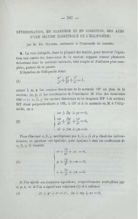 DÉTERMINATION, EN GRANDEUR ET EN DIRECTION, DES AXES D'UNE SECTION DIAMÉTRALE DE L'ELLIPSOIDE.