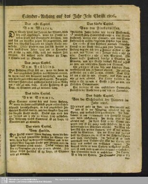 Calender-Anhang auf das Jahr Jesu Christi 1806