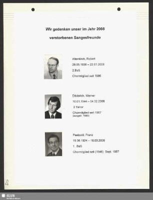 Wir gedenken unser im Jahr 2008 verstorbenen Sangesfreunde