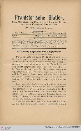 1: Die Sammlung vorgeschichtlicher Fundgegenstände des Herrn Dr. M. Much in Wien