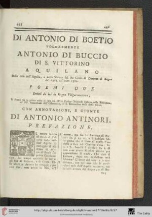 Di Antonio di Boetio, volgarmente Antonio di Buccio di S. Vittorino, Aquilano [...] Poemi due