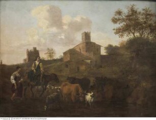 Landschaft mit Bauern, Tieren und Gehöft
