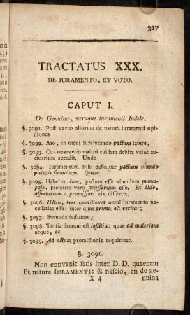 327-342, Caput I. De Genuina, veraque iuramenti Indole. - Caput II. Explicantur reliqua iuramentum concernentia.