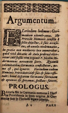 Germaniae Fortuna Varia : In Florindo exhibita Pro Feriis Bacchanalitiis A Convictu S. Ignatii Martyris Ingolstadii Anno MDCXCIV.