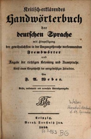 Kritisch- erklärendes Handwörterbuch der Deutschen Sprache