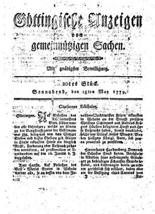 20tes Stück. Sonnabend, den 15ten May 1779.