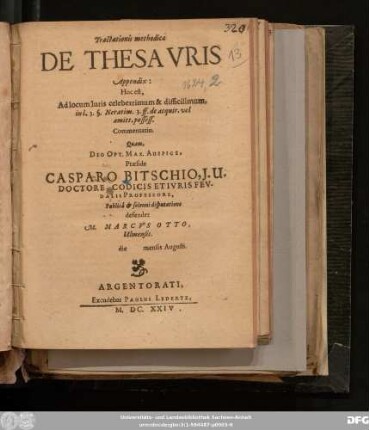 Tractationis methodicae De Thesauris Appendix: Hoc est, Ad locum Iuris celeberrimum & difficilimum, in l. 3. §. Neratius. 3. ff. de acquir. vel amitt. possess. Commentatio