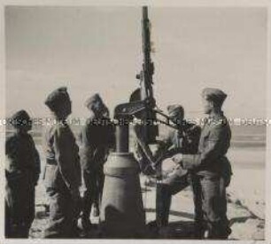 Wehrmachtssoldaten, Marine-Artillerie-Bedienungsmannschaft beim Unterricht an leichtem Flakgeschütz in einer Marine-Artillerie-Stellung in den Dünen an der Kanalküste