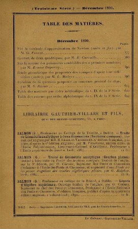 Table des matières. Décembre 1890.