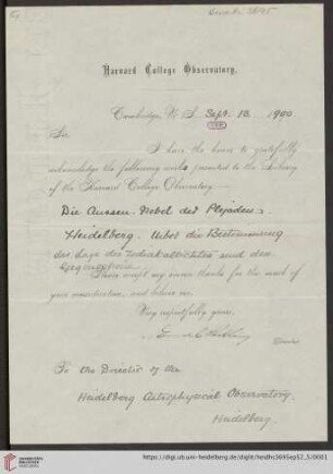 Briefe von Edward Charles Pickering an Max Wolf: Brief von Edward Charles Pickering an Max Wolf