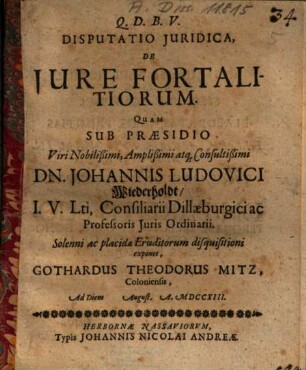 Disputatio Iuridica, De Iure Fortalitiorum