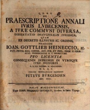 De Praescriptione Annali Iuris Lubecensis, A Iure Communi Diversa, Dissertatio Inauguralis Iuridica