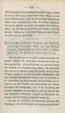 693-696 [Rezension] Leonhard, Joh. Michael, Predigten über verschiedene Glaubens- und Sittenlehren der heil. katholischen Kirche