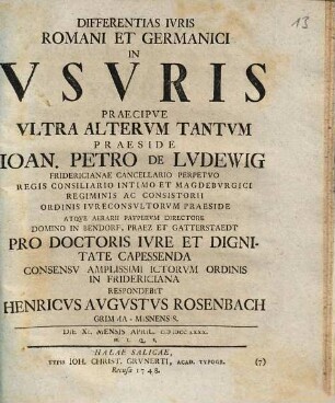 Differentias Ivris Romani Et Germanici In Vsvris Praecipve Vltra Altervm Tantvm