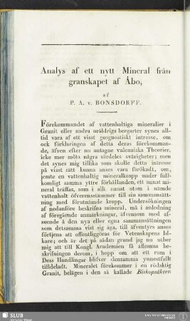 Analys af ett nytt Mineral från granskapet af Åbo; af P. A. v. Bonsdorff