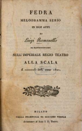 Fedra : Melodramma serio in 2 atti