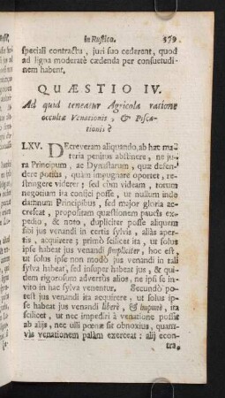 379-413, Quaestio IV. Ad quid teneatur Agricola ratione occulte Venationis, & Piscationis?