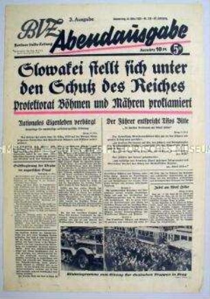 Titelblatt der Abendausgabe der "Berliner Volks-Zeitung" zur Proklamation des Protektorats Böhmen und Mähren