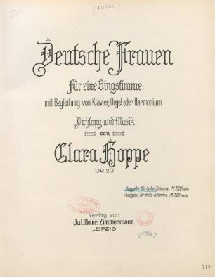 Deutsche Frauen : für eine Singstimme mit Begleitung von Klavier, Orgel oder Harmonium ; op. 20