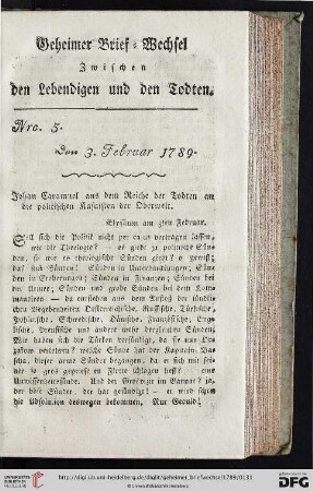 Geheimer Brief-Wechsel zwischen den Lebendigen und den Todten Nro. 5