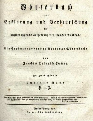 Bd. 2: Wörterbuch zur Erklärung und Verdeutschung der unserer Sprache aufgedrungenen fremden Ausdrücke. Bd. 2