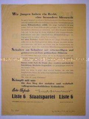 Propagandaflugblatt der Deutschen Staatspartei zur Reichstagswahl mit Ausrichtung auf die Jungwähler