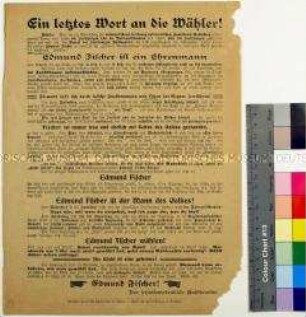 Aufruf des sozialdemokratischen Wahlkomitees zur Gemeinderatswahl von 1907?, mit Vorstellung und Befürwortung des Wahlkandidaten Fischer