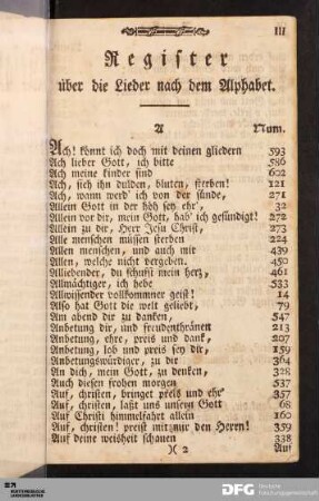 Register über die Lieder nach dem Alphabet.