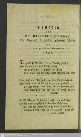 Venedig und der Ranstädter Steinweg. 1825 : Ein Vergleich in zierlich geformten Versen von einem gereisten Leineweber