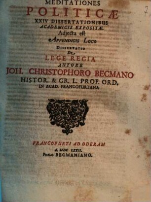 Meditationes Politicae : XXIV Dissertationibus Academicis Expositae