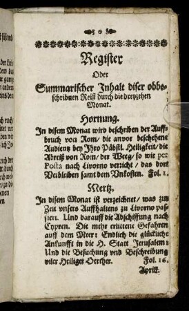 Register Oder Summarischer Inhalt diser obbeschribnen Reiß durch die dreyzehen Monat.