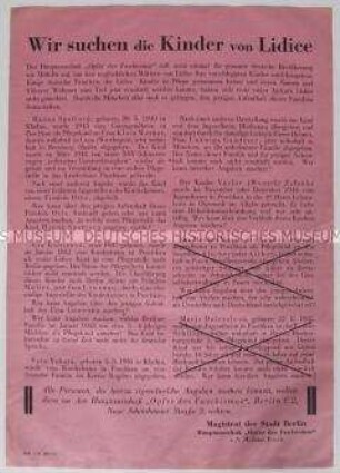 Aufruf des Magistrats von Berlin zur Suche nach Kindern aus Lidice, die von den Nazis verschleppt wurden