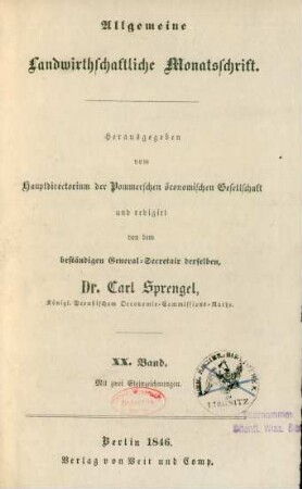 20.1846: Allgemeine Landwirthschaftliche Monatsschrift
