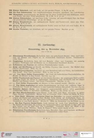 III. Auctionstag: Donnerstag, den 14. November 1895 (Nr. 300 - 485)