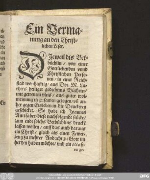 Ein Vermanung an den Christlichen Leser.