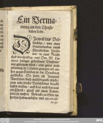 Ein Vermanung an den Christlichen Leser.
