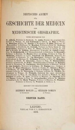 Deutsches Archiv für Geschichte der Medicin und medicinische Geographie. 1. 1878
