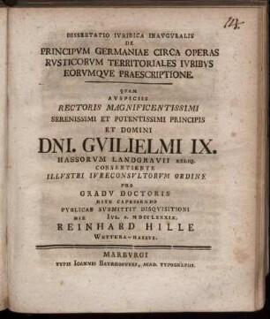 Dissertatio Iuridica Inauguralis De Principum Germaniae Circa Operas Rusticorum Territoriales Iuribus Eorumque Praescriptione