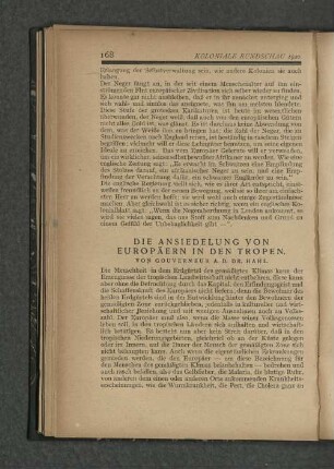 Die Ansiedelung von Europäern in den Tropen.