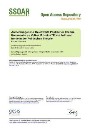 Anmerkungen zur Reichweite Politischer Theorie: Kommentar zu Volker M. Heins' 'Fortschritt und Ironie in der Politischen Theorie'