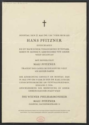 Todesanzeige Hans Pfitzner