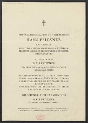 Todesanzeige Hans Pfitzner