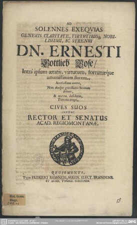Ad solennes exequias Ernesti Gottlieb Bose invitat rector et senatus acad. Regiom.