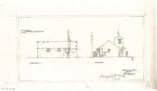 Gsaenger, Gustav; München - Obermenzing, Grünspechtstr. 13; Ev. Notkirche, Bethlehems Kirche, Pfarrhaus - Notkirche, Ost- u. Nordseite (Ansichten)
